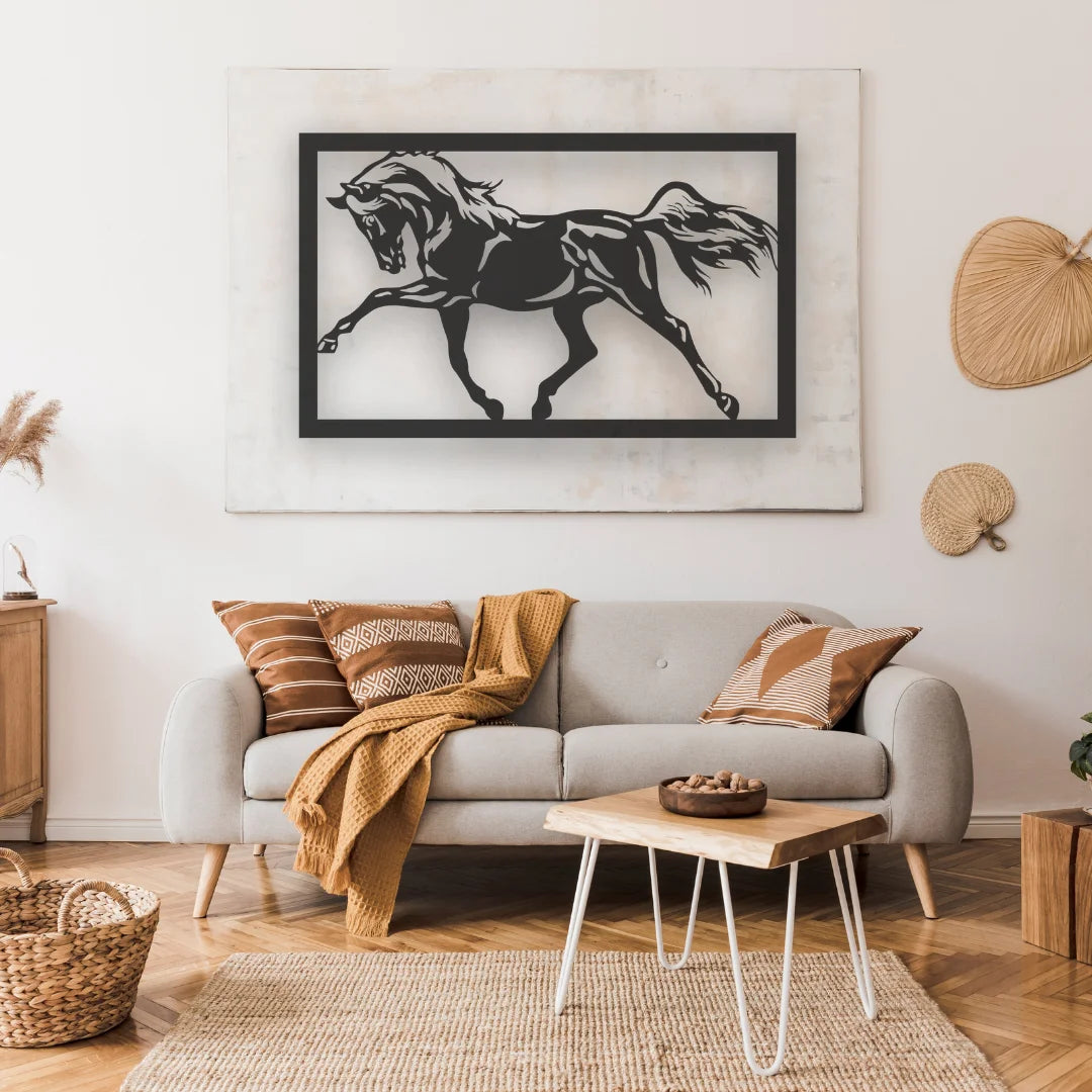 A running stallion in sharp metal wall art modern design energizes this neutral-toned room with earthy patterns and textures.