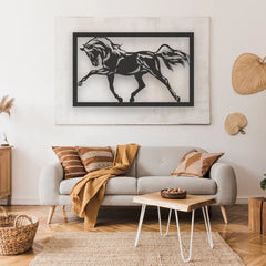 A running stallion in sharp metal wall art modern design energizes this neutral-toned room with earthy patterns and textures.