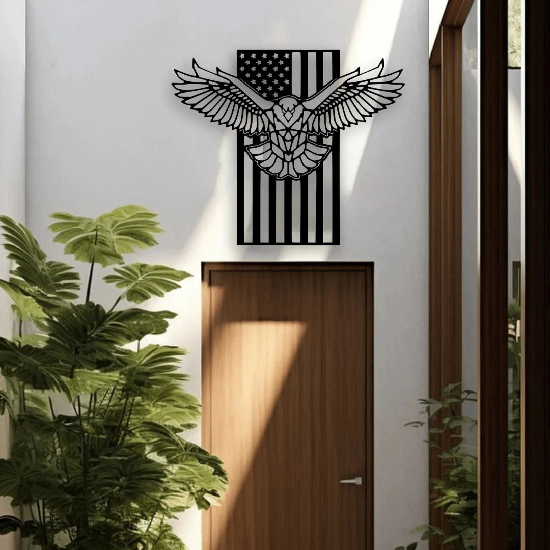 An outstretched eagle over a vertical american flag art metal design brings movement and symbolism to a hallway wall, ideal as statement eagle metal artwork.