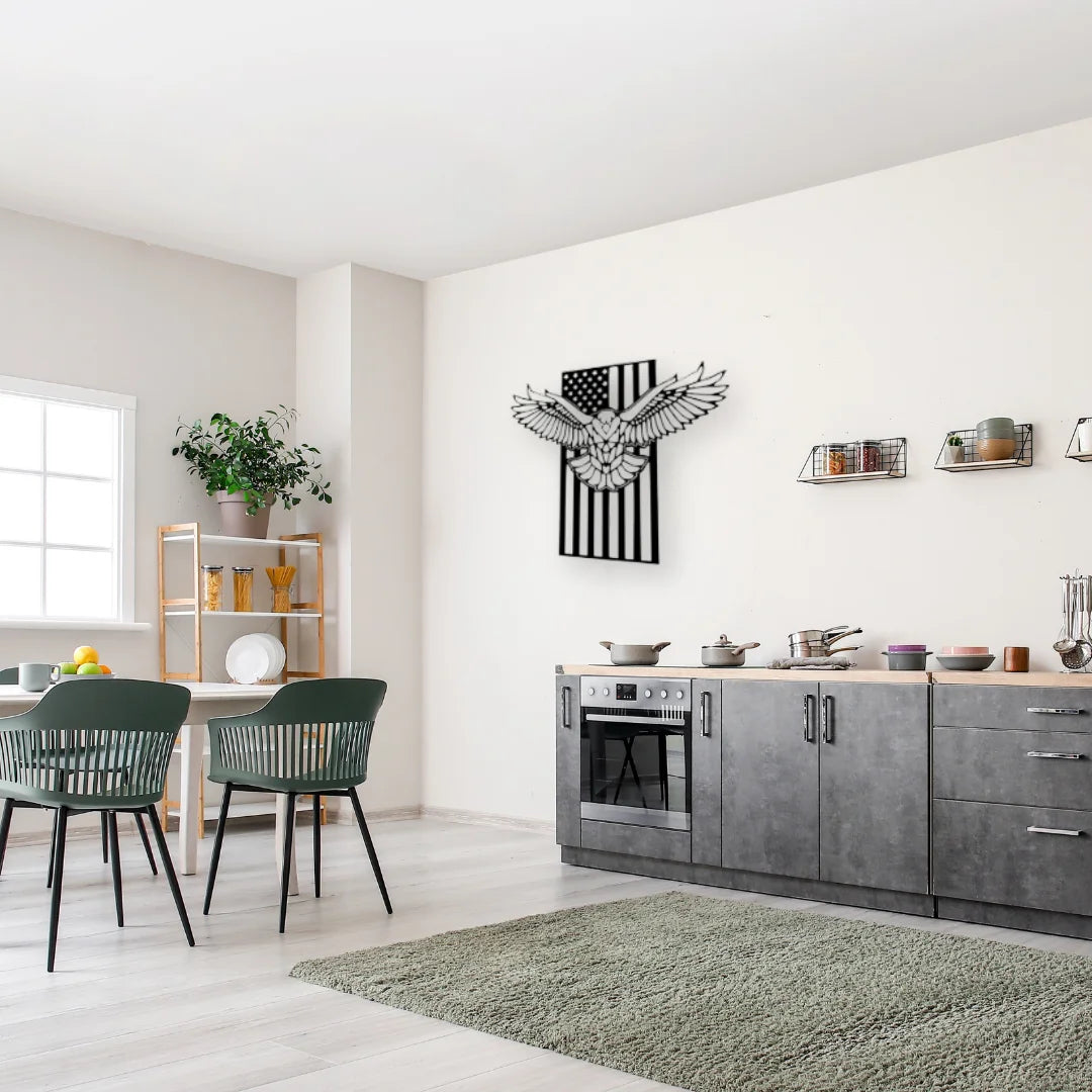 A proud metal eagle wall art piece stands tall with stars and stripes, making it a perfect fit for homes with patriotic spirit.