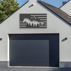 A layered metal american flag wall decor combines horses, trees, and peaks for bold contrast on a garage wall, perfect for fans of rural and horse farm signs styling.