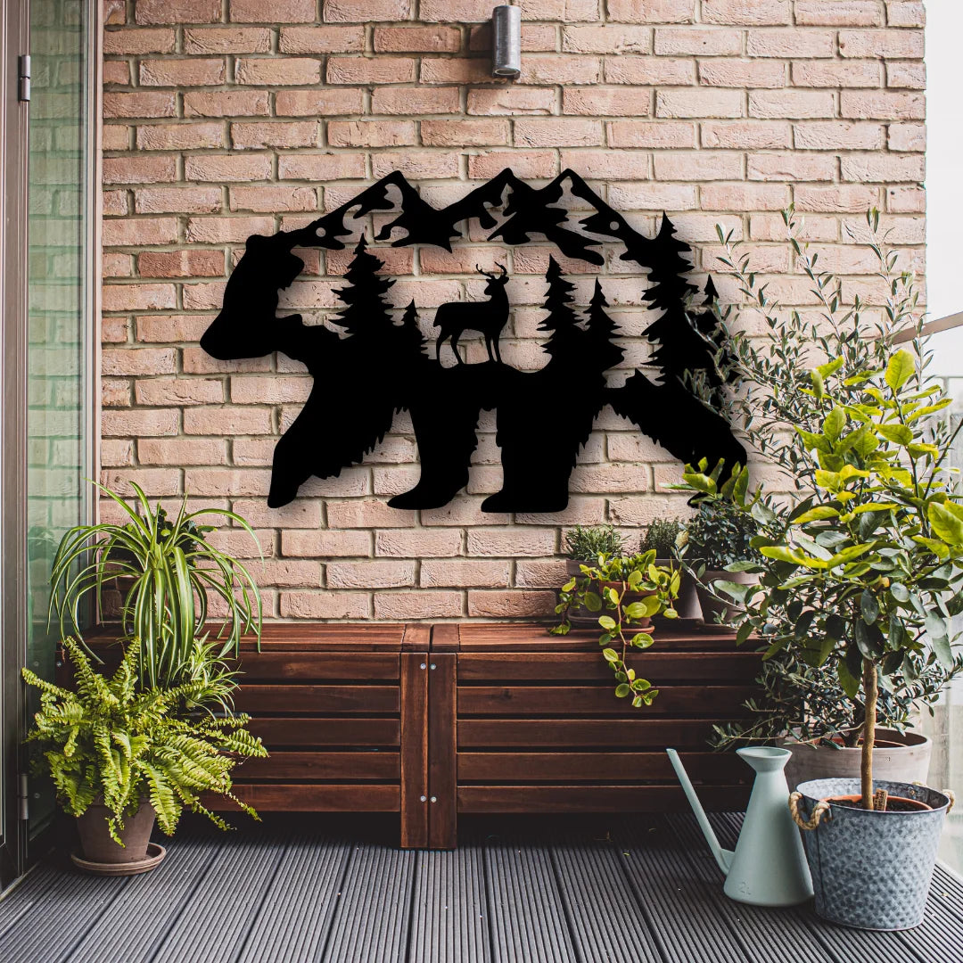 An outdoor brick wall features a metal artwork for the garden shaped like a bear with scenic forest cutouts, bringing rustic charm to the balcony.