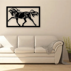 A bold horse metal sign in a black frame decorates a minimalist living room wall above a white sofa, bringing dynamic energy to the space with elegant metal wall artwork.