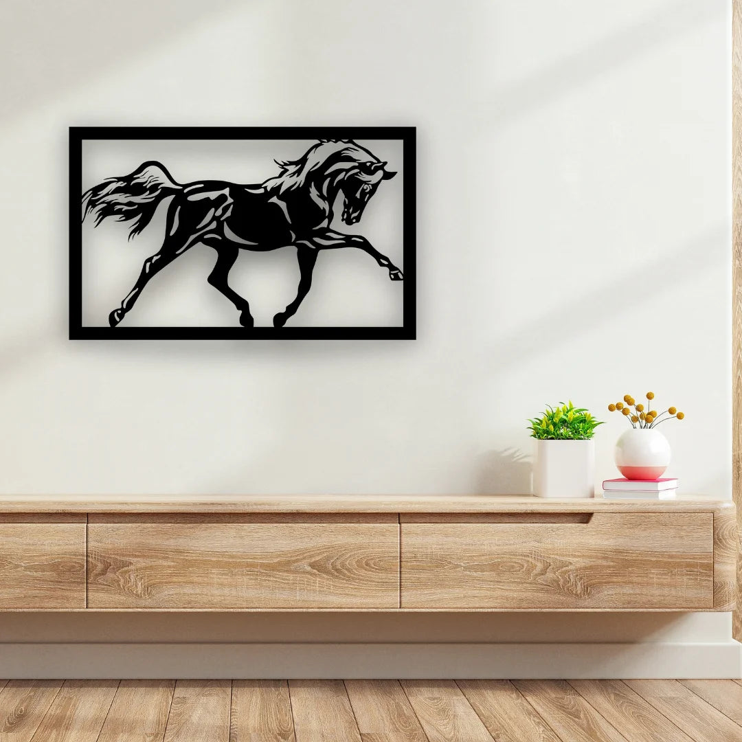This black metal wall decor of a galloping horse infuses the space with motion and bold contrast, ideal for modern interiors.