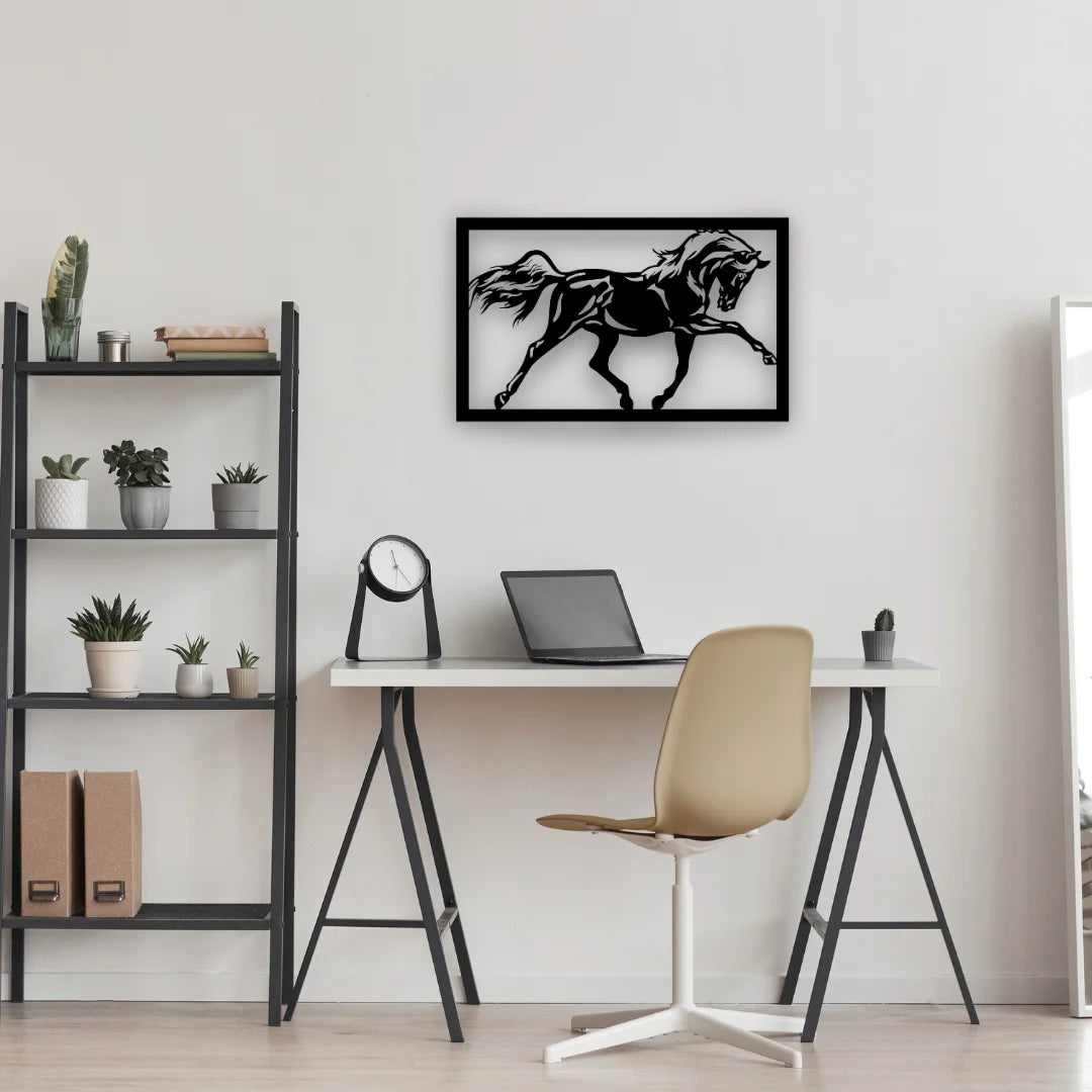 This dynamic stallion silhouette adds strength and motion to the workspace, making it a bold and elegant metal wall piece for modern interiors.