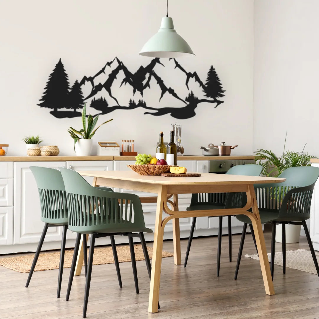 A stunning metal wall decor for outdoors showcasing a mountain silhouette with pine trees, bringing wilderness charm into this dining area.
