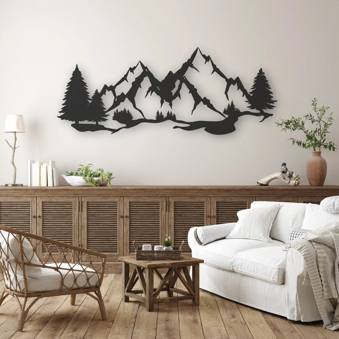 This mountain-themed metal wall decoration perfectly complements the rustic wooden interior, adding depth and natural spirit.