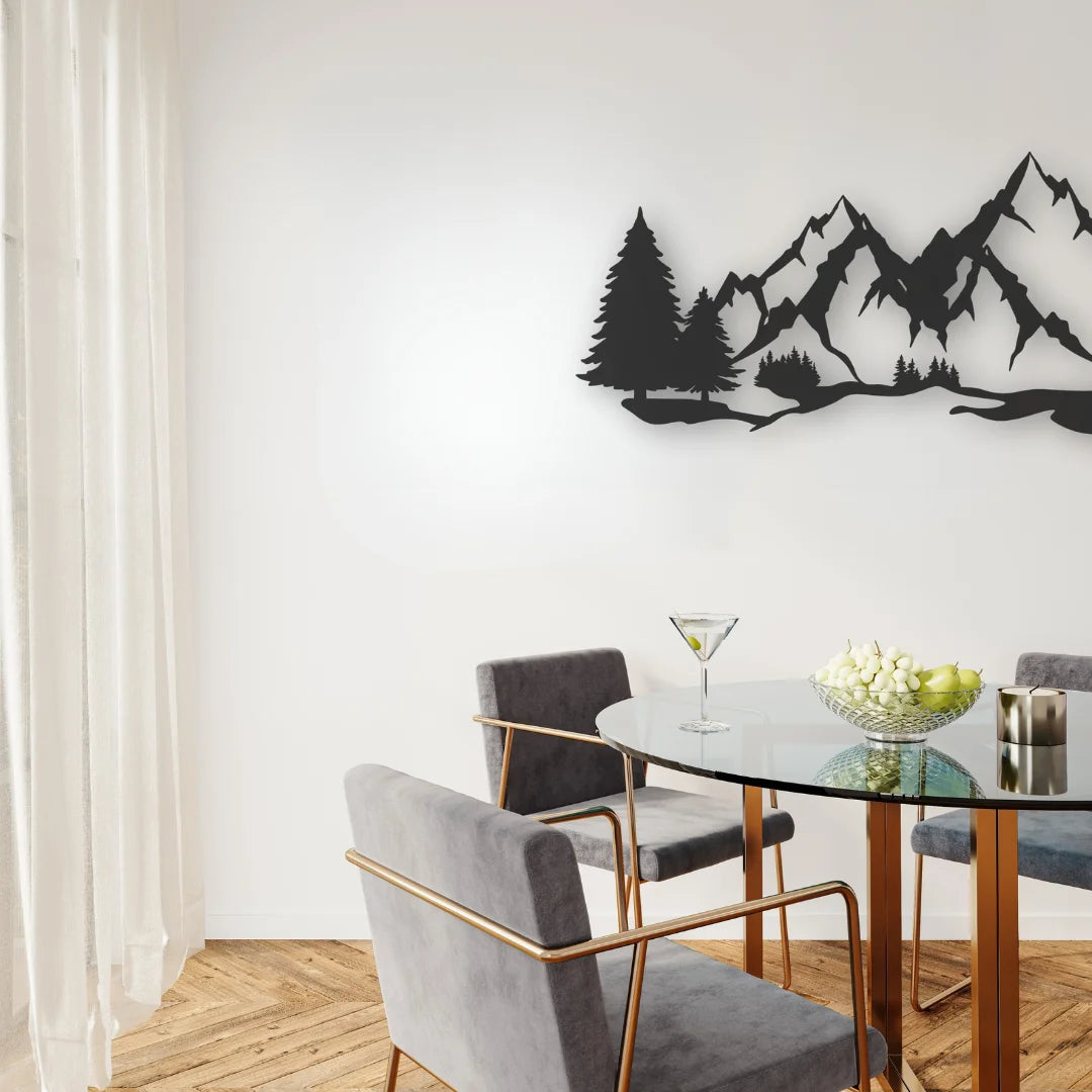 Detailed metal wall art for living room featuring a forest landscape scene elevates this dining space with outdoorsy calm.