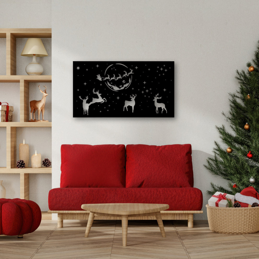 A silhouette of Santa’s sleigh crossing the moonlit sky, with reindeer below, makes this metal sign custom a magical centerpiece for seasonal decor.