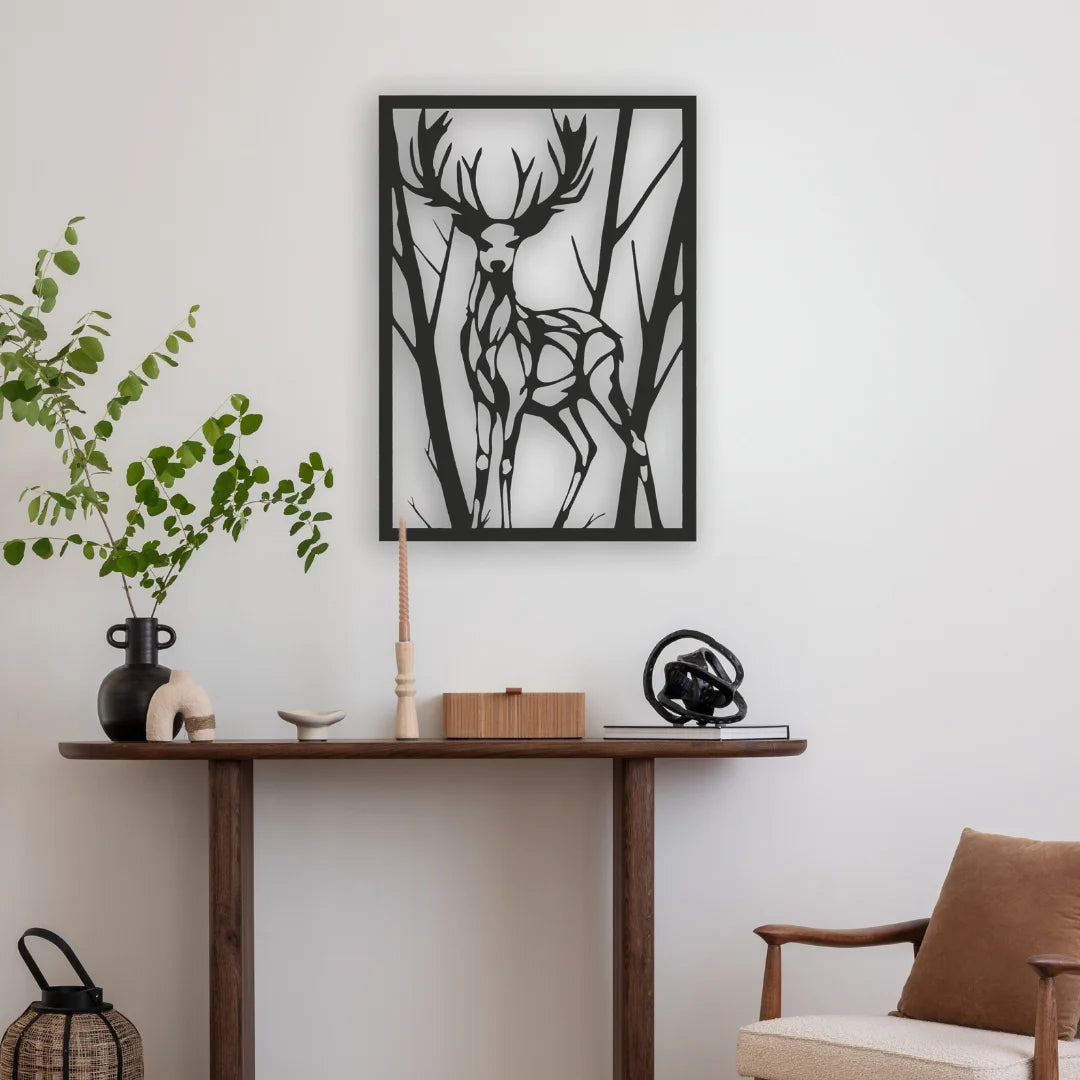 A forest-themed metal wall hangings piece of a deer among trees, blending well with neutral modern decor in any hallway or lounge area.