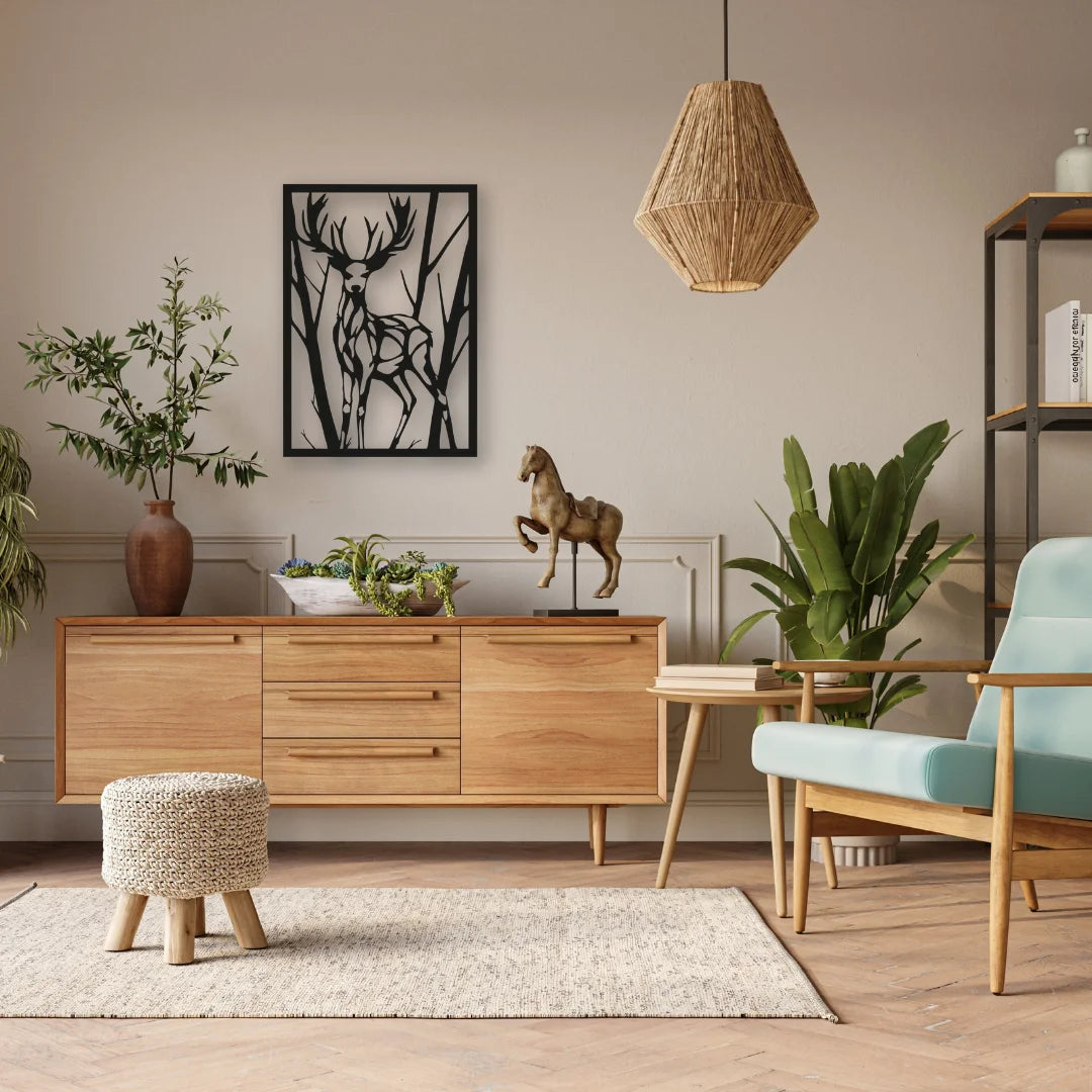 This framed metal sculpture of a deer among branches adds a natural touch to the clean Scandinavian-inspired decor.
