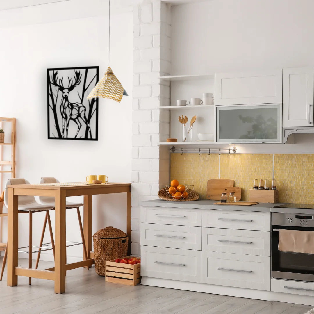 A stylized custom deer wall hanging decorates a bright breakfast corner, balancing rustic elegance with contemporary interior tones.