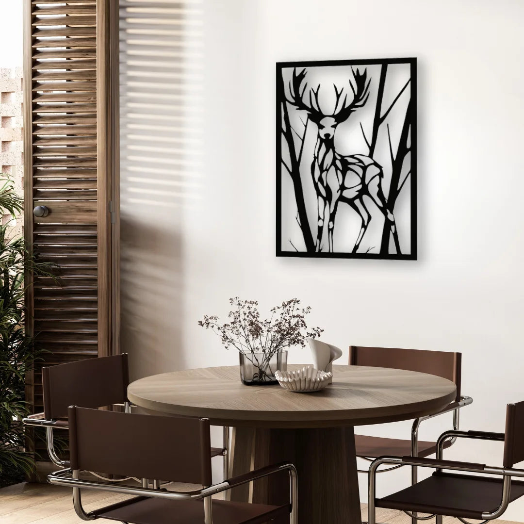 This modern black metal artwork of a deer in the woods offers a bold yet calming statement for dining spaces, blending clean lines with woodland character.