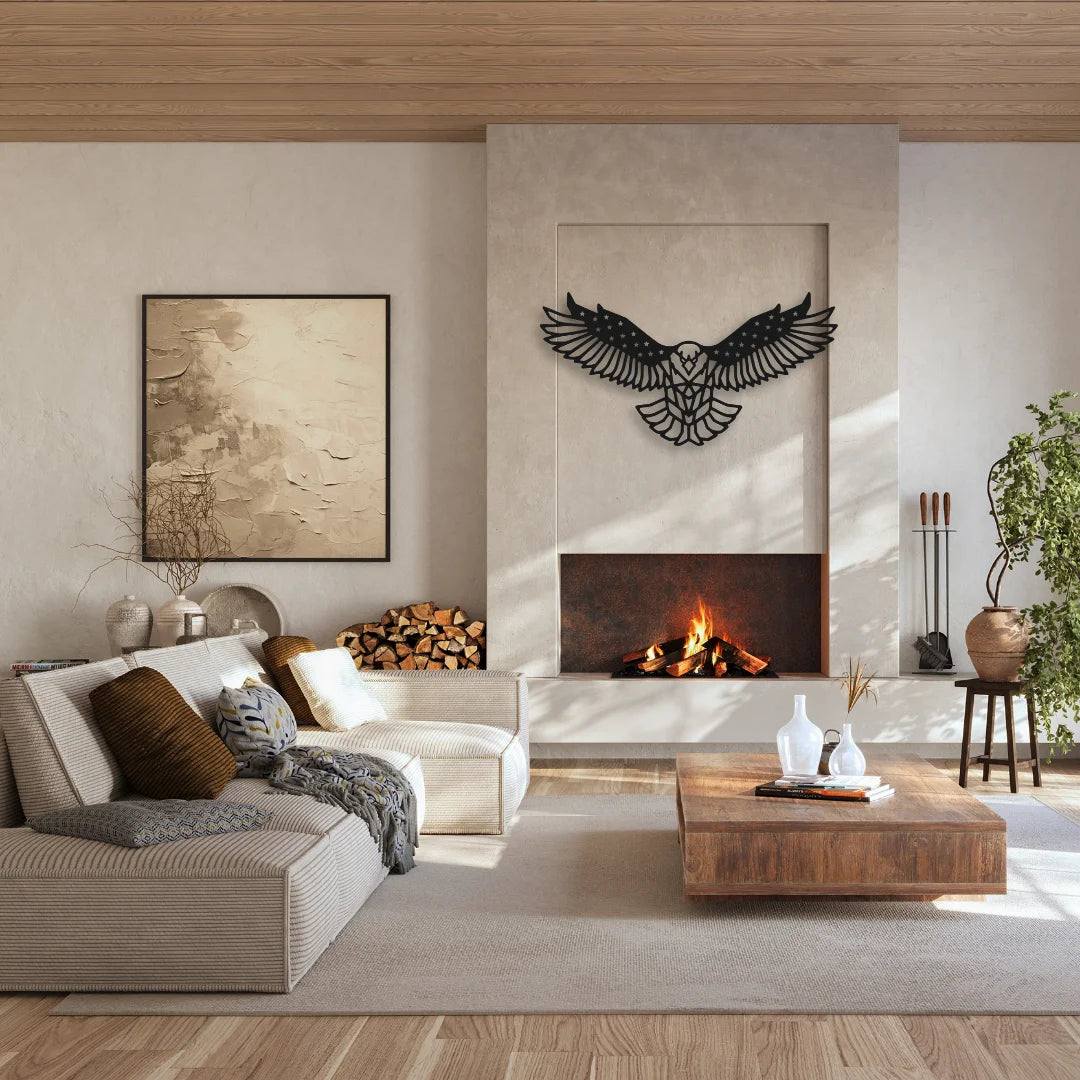 Above a sleek fireplace, a wide-spanning metal eagle decor commands attention and completes this earthy, modern living space.