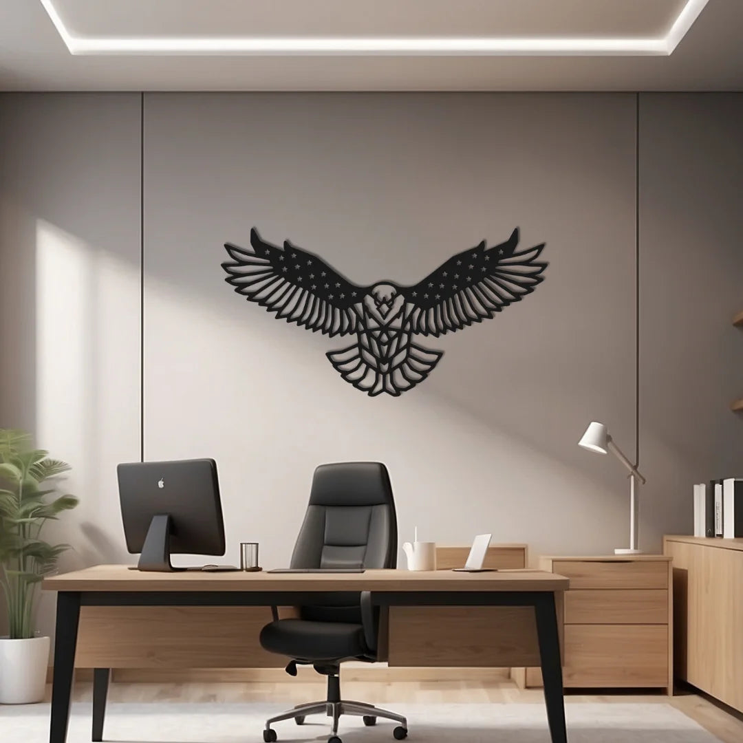 A large eagle wall decor piece with American flag wings adds patriotic energy and strength to a modern home office with clean lines and muted colors.