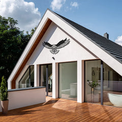 This bold eagle sign spreads its wings across the white exterior, adding a powerful symbol of freedom to modern architecture.