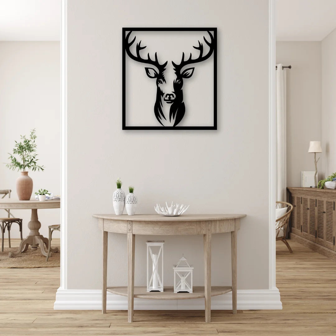 This square-shaped deer artwork delivers bold contrast and symmetry, making it a standout among modern metal wall accents.