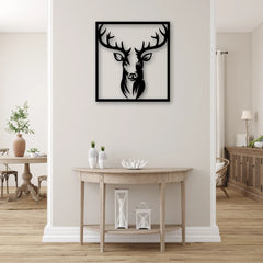 This square-shaped deer artwork delivers bold contrast and symmetry, making it a standout among modern metal wall accents.