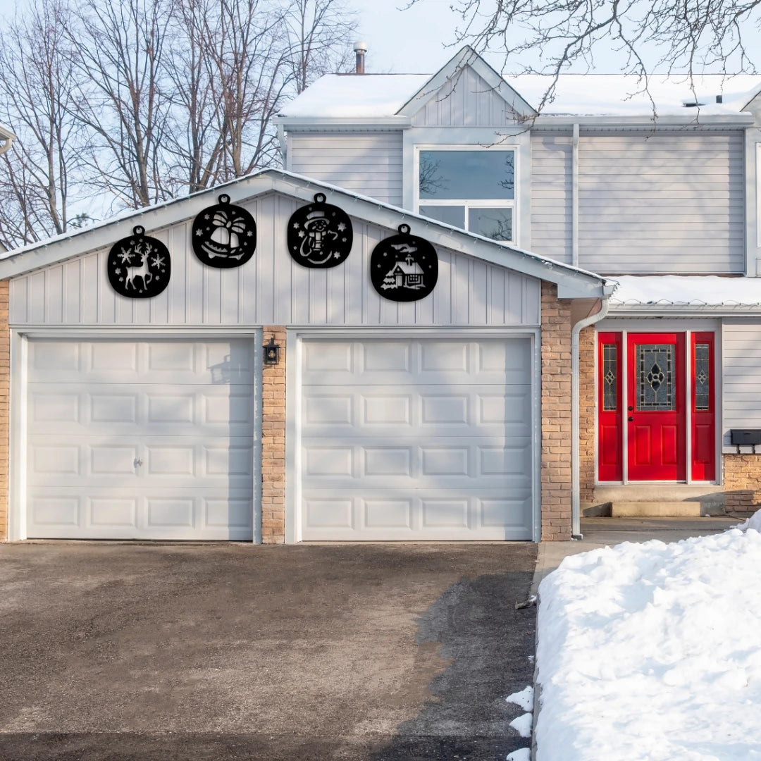 A flowing black metal wall decor reading “Merry Christmas” adds cheer above a cozy gift-wrapped couch, blending holiday comfort with artistic word wall art style.