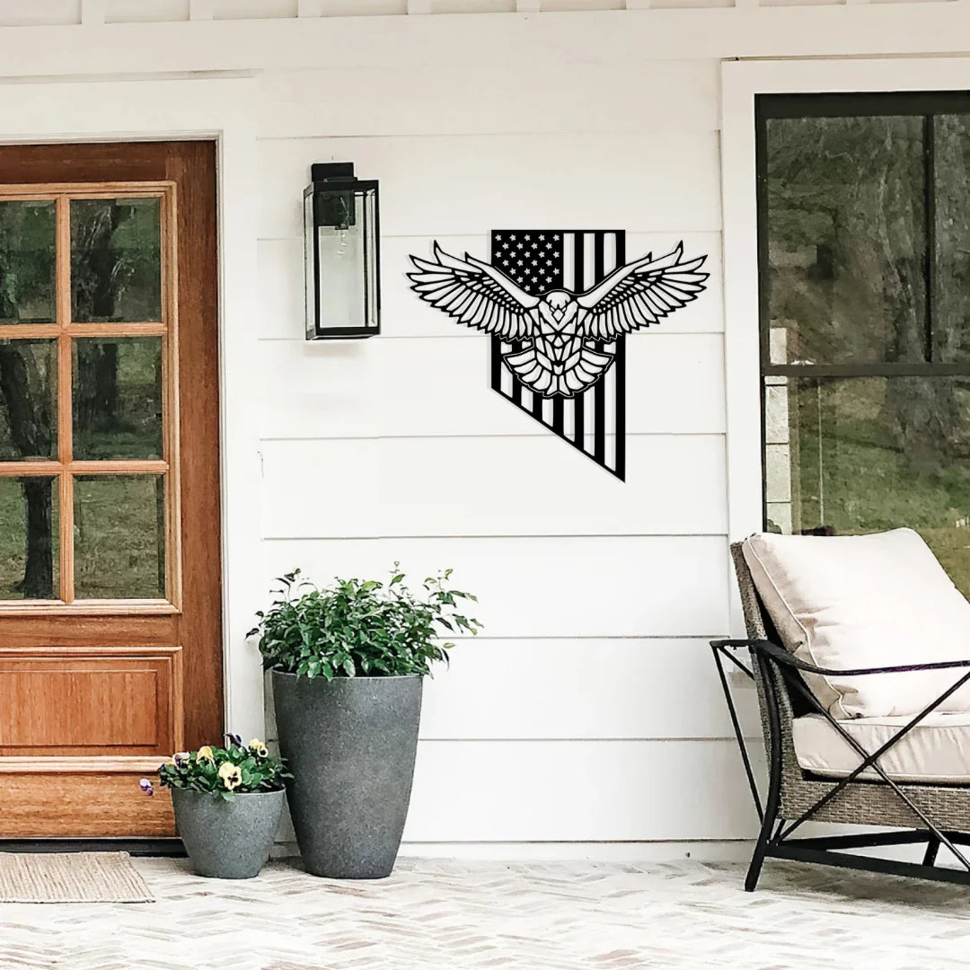 A soaring eagle in front of a flag forms a bold eagle wall decor design on a white panel wall, perfect for expressing pride and strength at the front porch.
