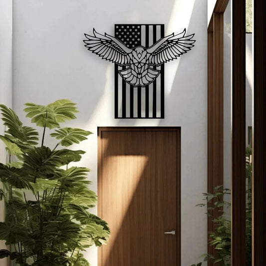 An outstretched eagle over a vertical american flag art metal design brings movement and symbolism to a hallway wall, ideal as statement eagle metal artwork.