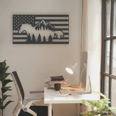 A patriotic metal sign custom showing wild horses and mountains against a U.S. flag backdrop, ideal for decorating a western-themed workspace.
