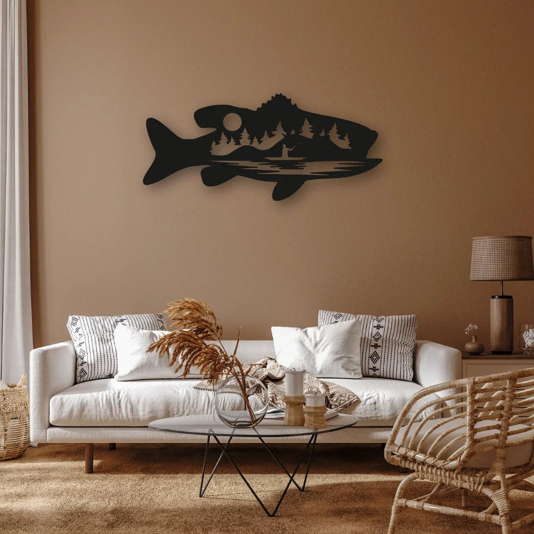This striking fish design wall decor adds a playful yet refined touch to a clay-colored living room with coastal-inspired furniture.
