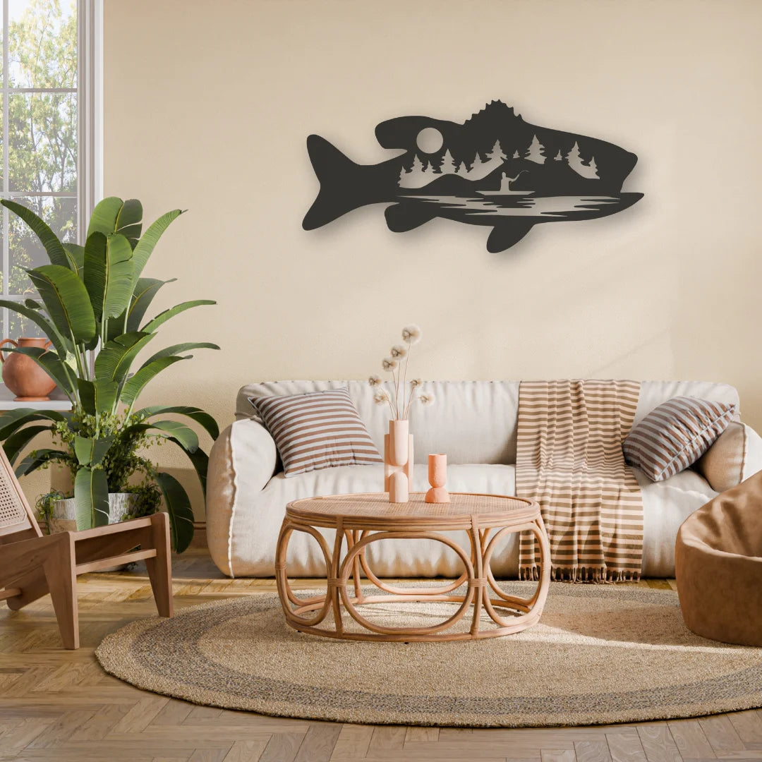 A large black steel fish wall art above a neutral-toned couch creates a natural lakeside vibe in the living room.