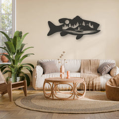 A large black steel fish wall art above a neutral-toned couch creates a natural lakeside vibe in the living room.