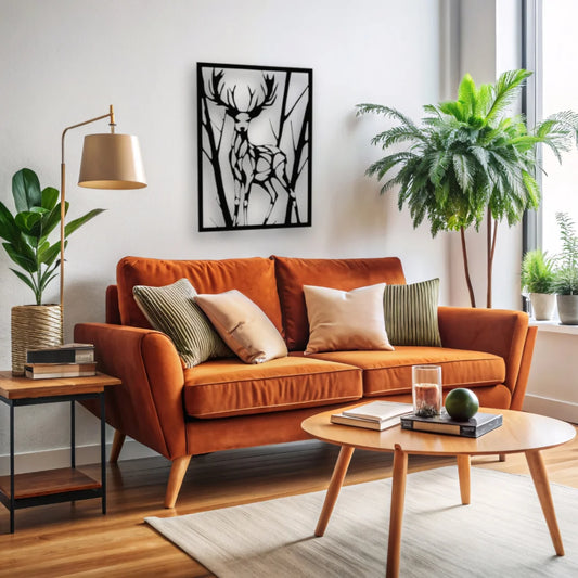 A striking metal art wall decor of a deer in a woodland frame adds depth and character to this cozy modern living room.
