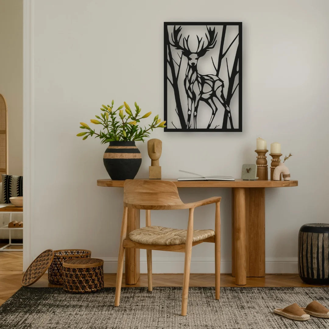 A stylish metal wall deco of a deer silhouette brings forest calm to this natural-tone workspace.
