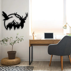 This woodland-inspired metal wall ornaments piece brings harmony and wild elegance to a cozy, plant-filled home office space.
