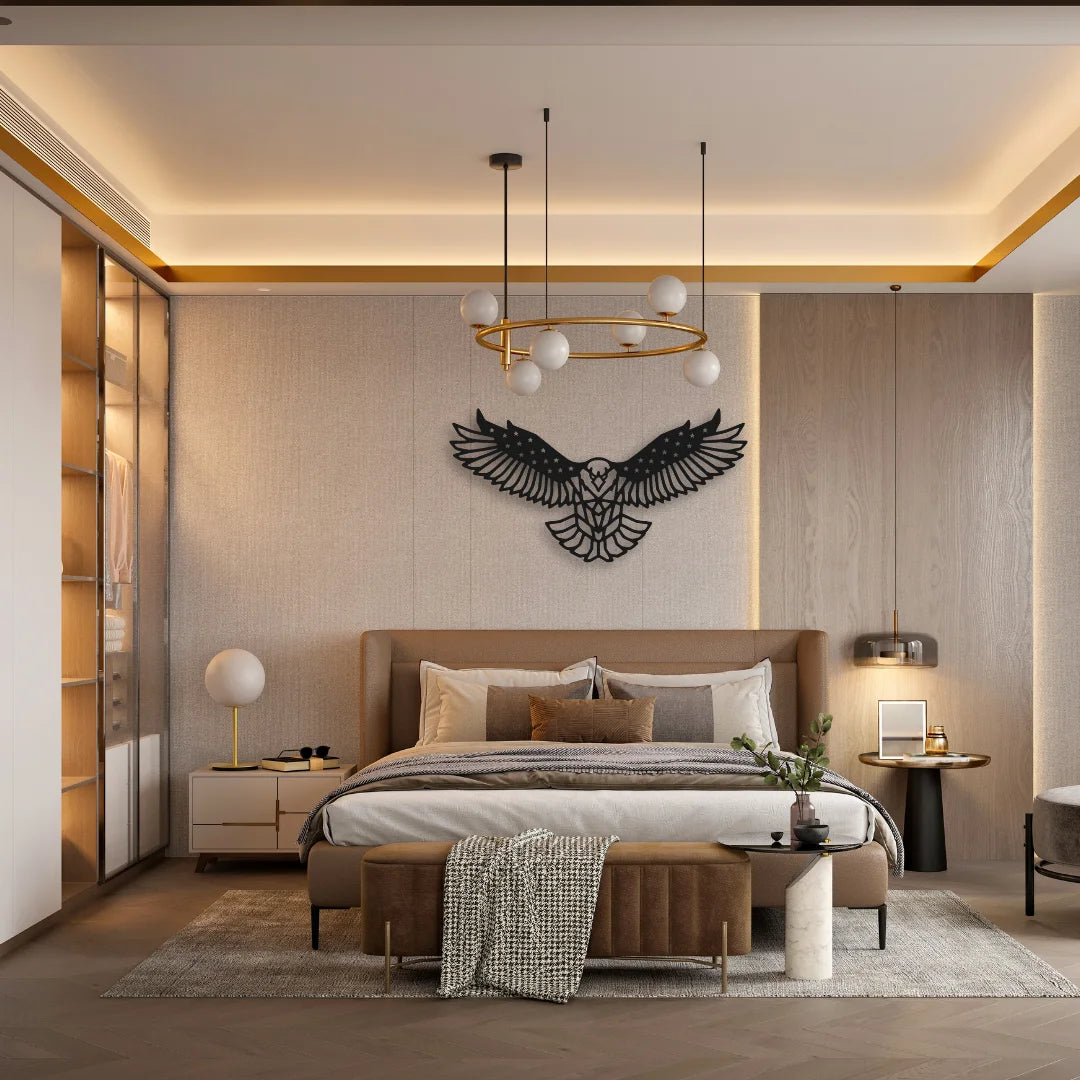 An elegant black wall art eagle spreads its wings above a modern master bed, grounding the space with symmetrical strength.
