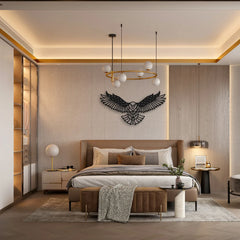 An elegant black wall art eagle spreads its wings above a modern master bed, grounding the space with symmetrical strength.
