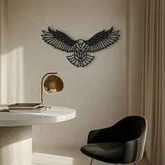 A wide eagle metal wall art decor with outstretched wings hangs above a sleek desk in a modern office, bringing bold symmetry and patriotic flair.
